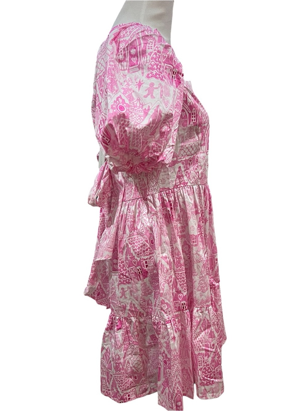 Kathleen Maeve Pink Gingerbread Print Puff Sleeve Dress Size Large NWT - Picture 3 of 5